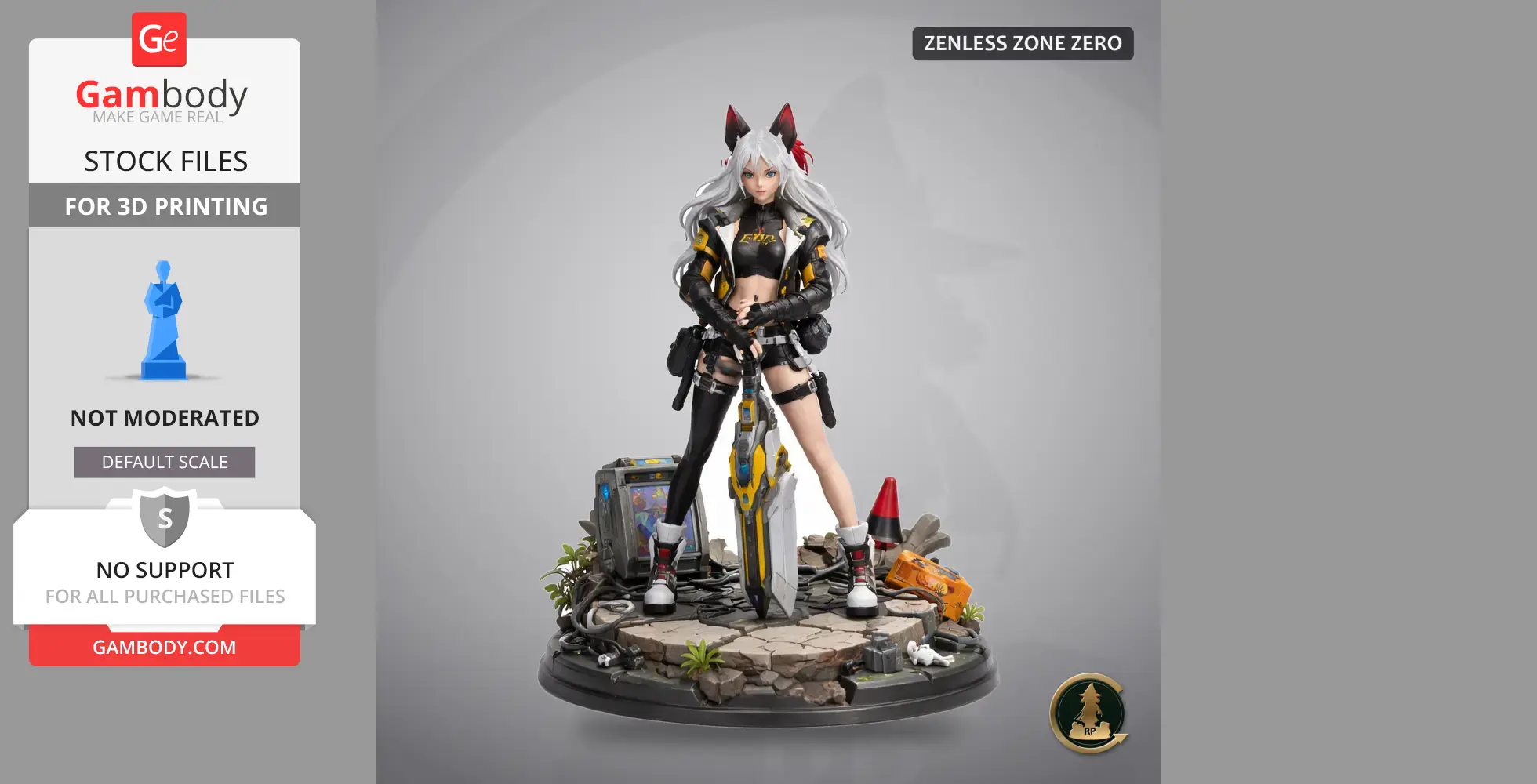 A detailed character figure with white hair, holding a sword, standing on a decorative base with accessories.