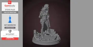 A detailed 3D model of a character with animal ears, standing on a debris-covered base.