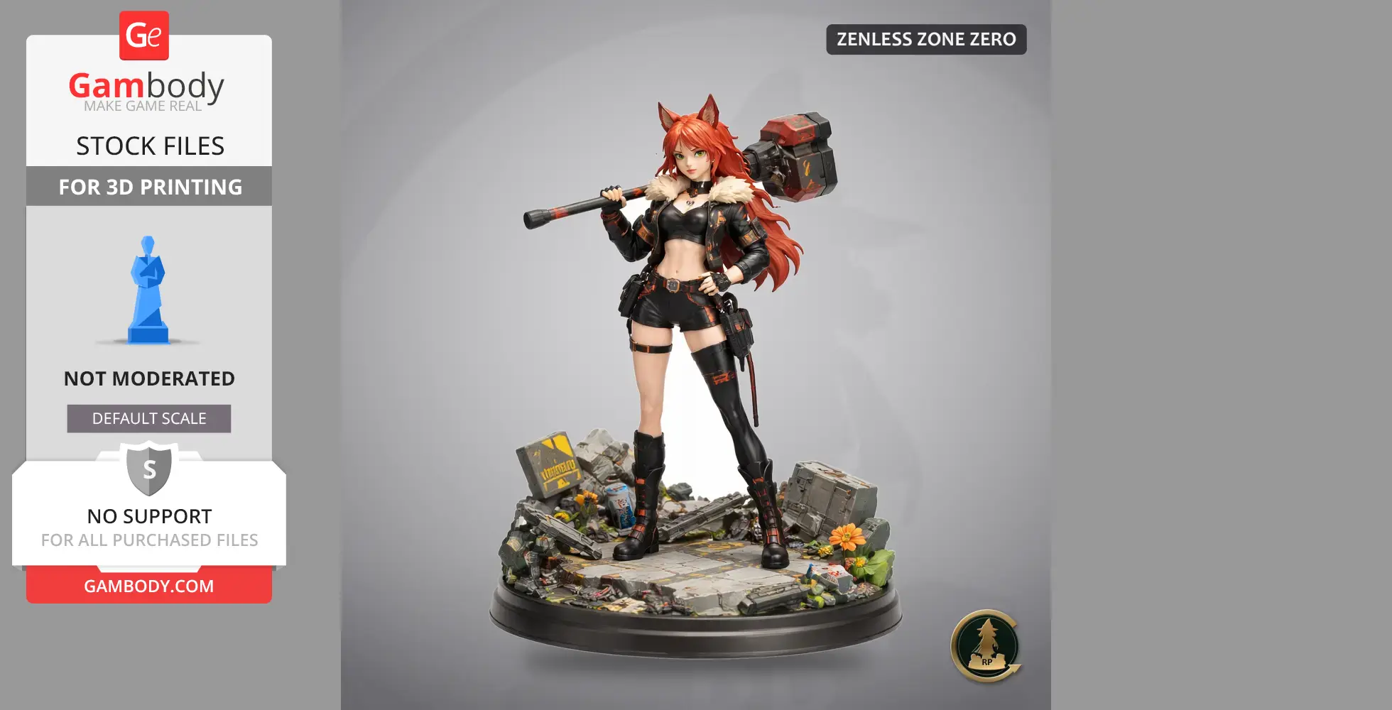 Red-haired character with fox ears and a hammer, standing on a detailed rubble-themed base.