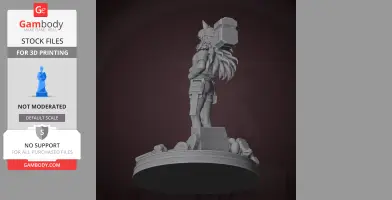 A 3D model of a fantasy character with long hair and a large hammer, standing on a detailed base.