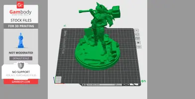 A detailed 3D character figure holding a large hammer, standing on a themed base for printing.