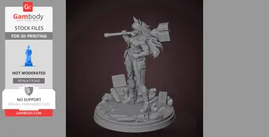Character figure holding a large hammer, standing on a detailed base with debris, ready for 3D printing.