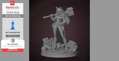 A character figure with long hair and a large hammer stands on a debris-strewn base.