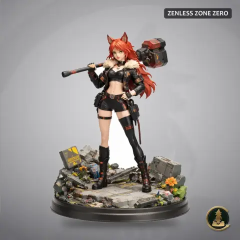 Red-haired character with hammer, standing confidently on a detailed, rocky base with debris and flowers.