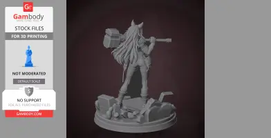 Character figure with long hair and a hammer, standing on a rocky base.