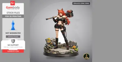 Red-haired character with fox ears and a hammer, standing on a detailed rubble-themed base.