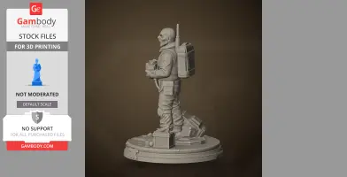 A detailed 3D model of a humanoid figure with gear, standing on a round base with equipment and crates.