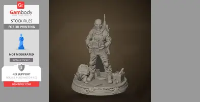 A detailed 3D figure of a character in tactical attire, holding a device, with equipment on a themed base.