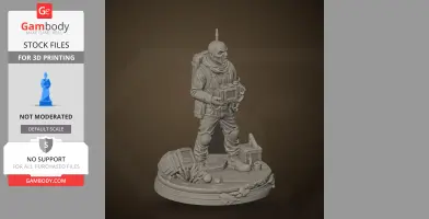 A detailed 3D model of a futuristic character holding a device, standing on a base with scattered items.