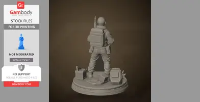 3D model of a standing character with gear on a detailed base, holding a weapon, seen from behind.