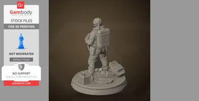 3D model of an astronaut character with backpack, surrounded by crates, standing on a detailed base.