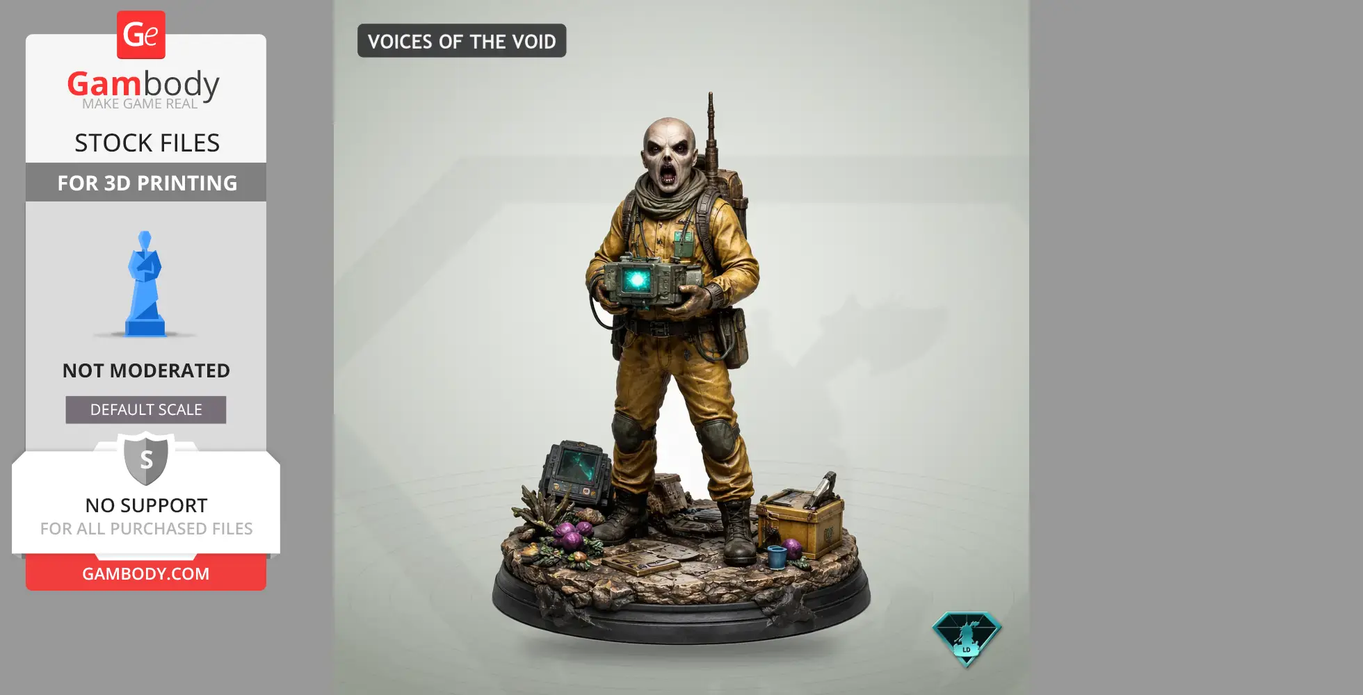 Bald character in a yellow suit holding a glowing device on a rocky base with various supplies.