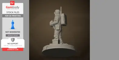 A sci-fi character in a space suit, holding equipment, stands on a detailed base, designed for 3D printing.