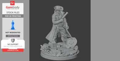 Figure of a masked character in a trench coat, hat, and holding a gun, standing on a detailed base.