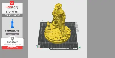 A detailed 3D printed figure of a masked, cloaked character holding a pistol, standing on a textured base.