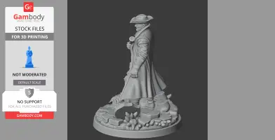 A detailed 3D model of a cloaked figure holding a weapon, standing on a textured base with rocks and foliage.