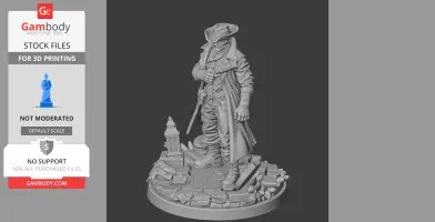 A rugged character figure with a cloak, hat, and pistol stands on a rocky base with detailed terrain.
