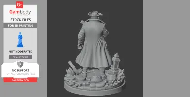 Detailed 3D model of a character in a long coat and hat, standing on a textured circular base.