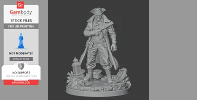 A detailed character figure in a long coat and tricorn hat, holding a weapon on a stone-themed base.