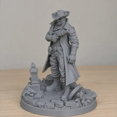 A cloaked figure with a hat and scarf stands on rocky terrain, holding a pistol, next to a small monument.