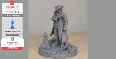 A 3D-printed figure of a cloaked Highwayman from Darkest Dungeon II, standing on a detailed base.
