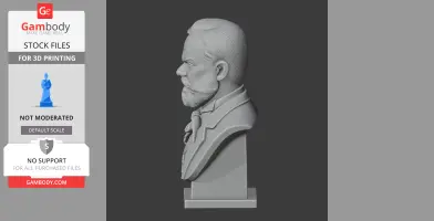 Side view of a detailed 3D bust of a man with a beard, suited, on a pedestal.