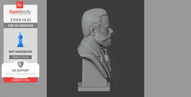 A 3D print model of a bearded man bust, in profile view, on a rectangular base.