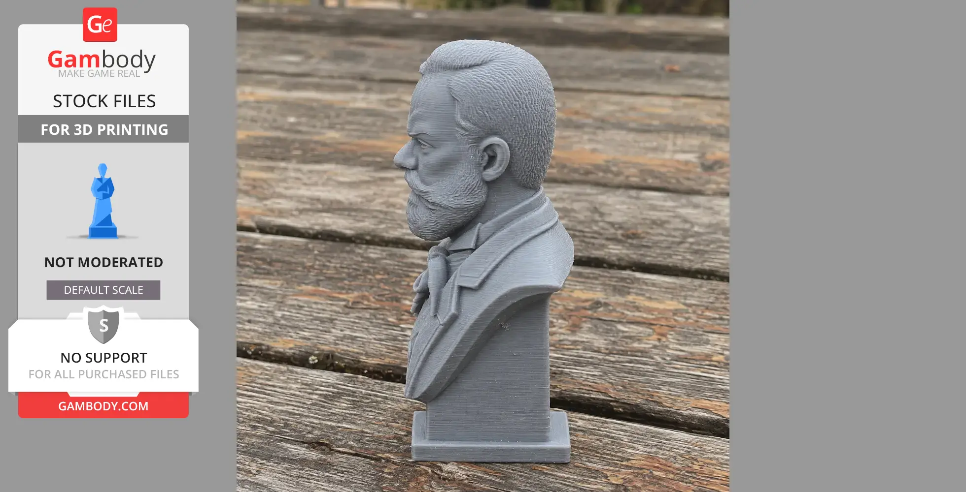 3D printed bust of a historical figure with a beard, wearing a suit; side view on a wooden surface.