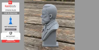 3D printed bust of a historical figure with a beard, wearing a suit; side view on a wooden surface.