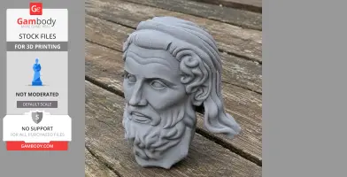 Gray 3D-printed bust of a bearded man with detailed hair, placed on a wooden surface.