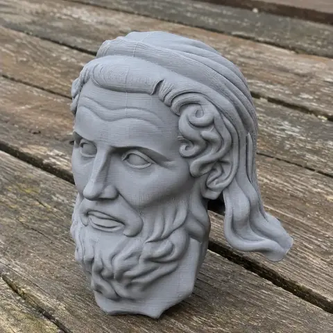 3D-printed bust of a bearded man with a detailed curly hairstyle, placed on a wooden surface.
