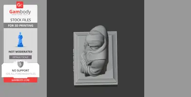 A 3D model of a cloaked figure's bust in a framed rectangular plaque, viewed from above.