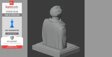 3D model of a bust with detailed hair and attire, viewed from the back, on a rectangular base.