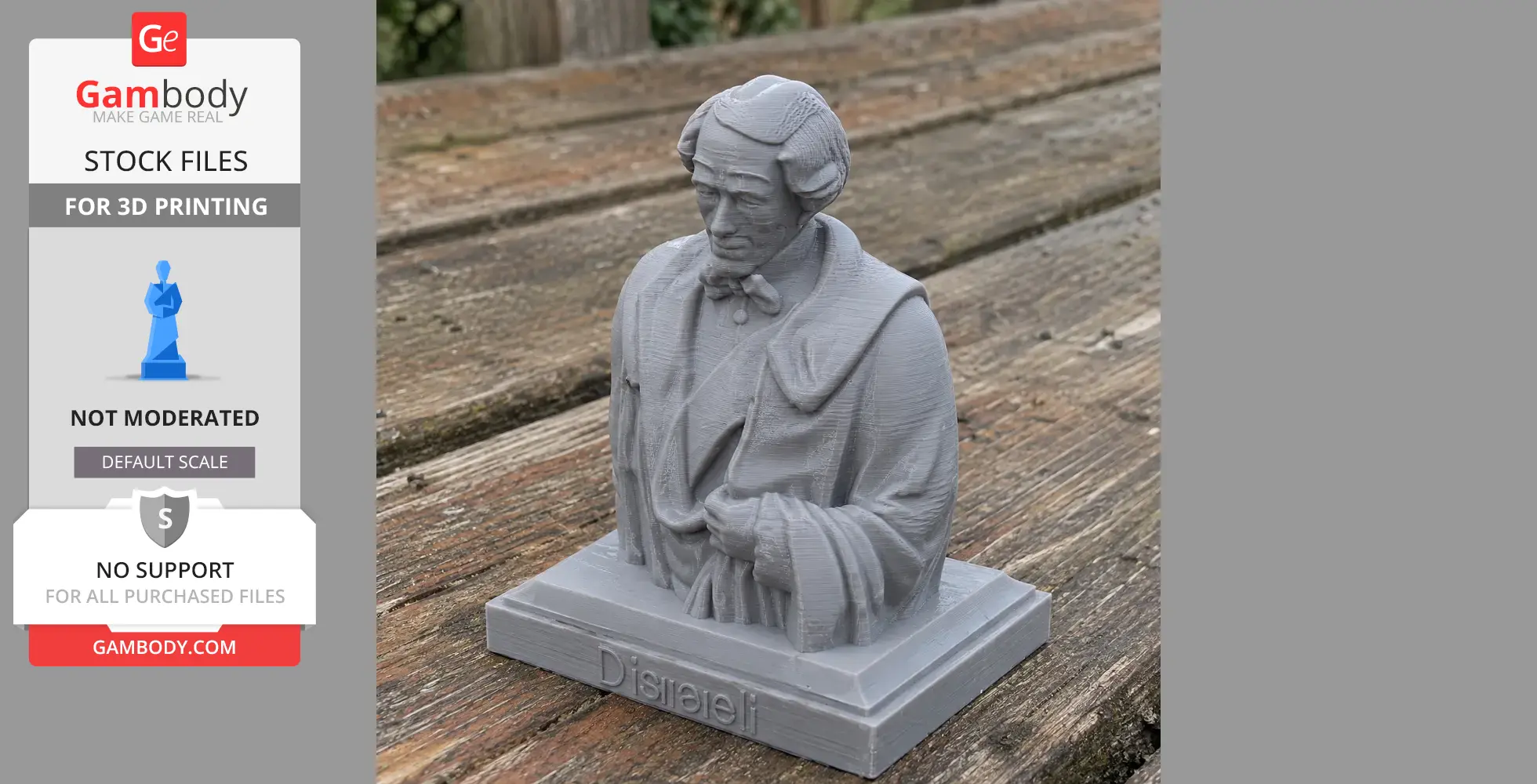 3D-printed bust of a historical figure in a suit with bow tie, on a base labeled 'Disraeli,' placed outdoors.