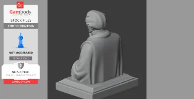 3D bust of a historical figure with draped garments, viewed from behind, on a square base.