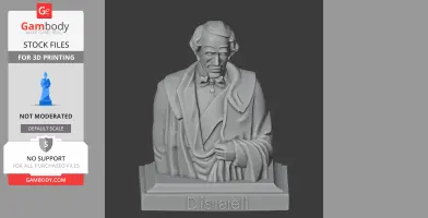 3D bust of a man in a bow tie and cloak, labeled 'Disraeli,' designed for 3D printing.