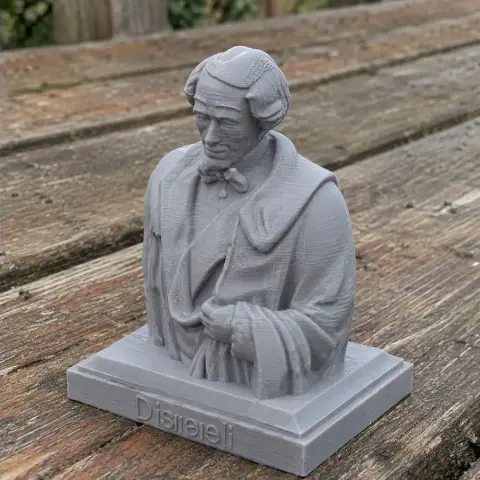 3D-printed bust of a historical figure in formal attire with a base inscribed 'Disraeli.'