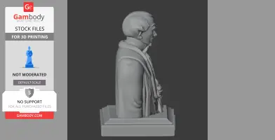 A side view of a detailed 3D bust sculpture on a pedestal, depicting a man in a robe.