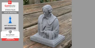 3D-printed bust of a historical figure in a suit with bow tie, on a base labeled 'Disraeli,' placed outdoors.