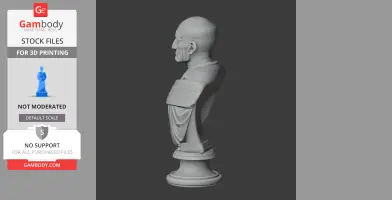A 3D bust of an elderly man with draped clothing on a pedestal, viewed from the side.