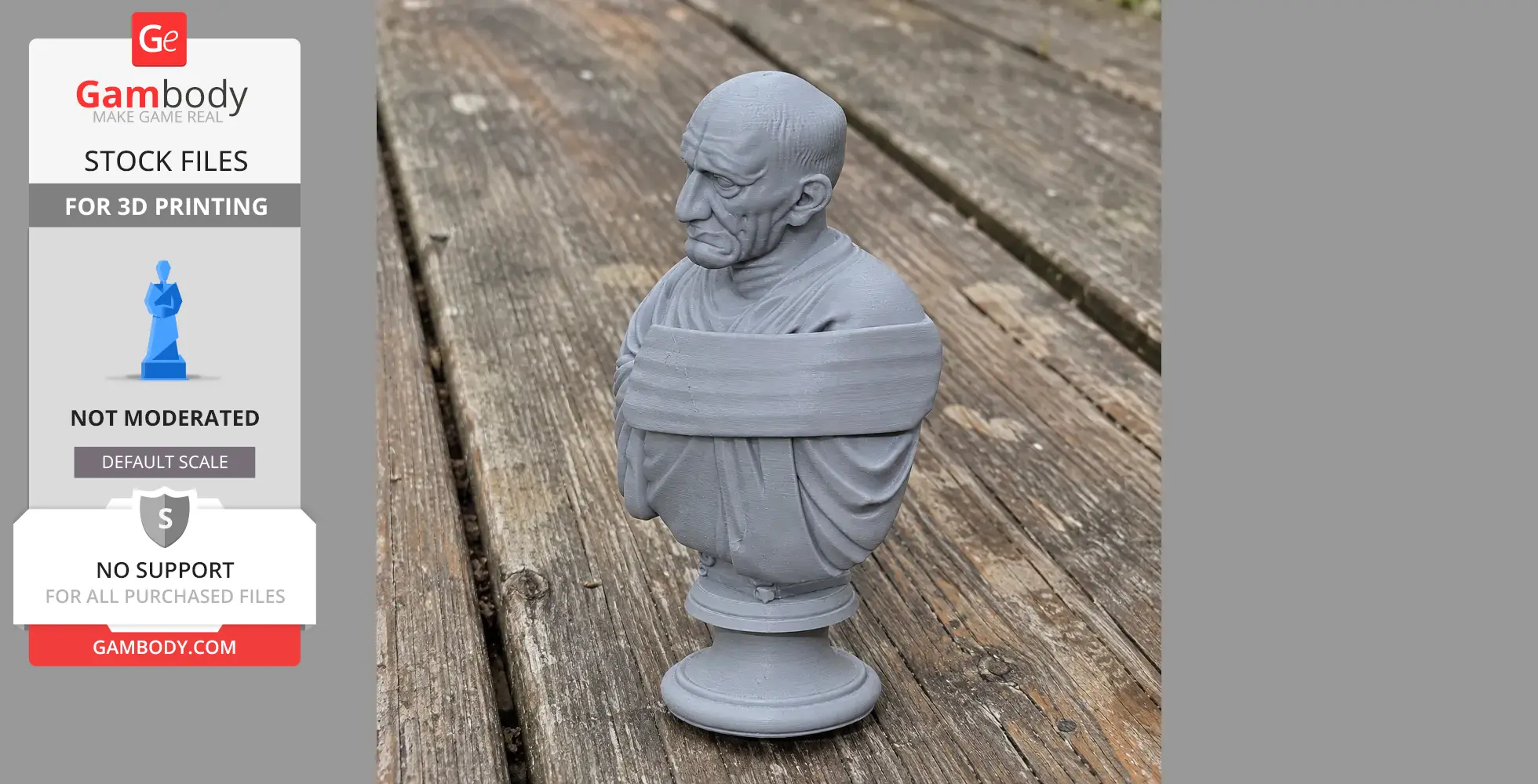 A gray 3D-printed bust of an elderly man in Roman attire, set outdoors on wooden planks.