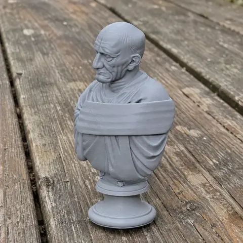 3D-printed bust of an elder male with detailed facial features, wearing draped clothing on a pedestal.
