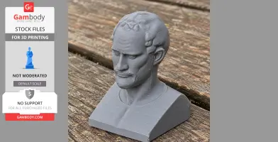 A 3D-printed bust of a historical warrior with detailed facial features on a wooden surface.