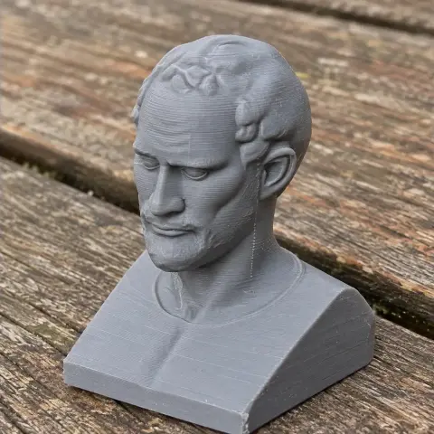 3D-printed bust of Demosthenes, a historical warrior, with detailed facial features on a wooden surface.