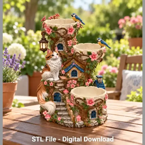 Whimsical cat house organizer with floral decor, perched birds, and a lantern. Suitable for 3D printing.