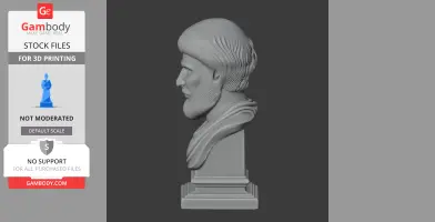 3D model of a historical warrior bust in profile, featuring detailed hair and facial features, on a pedestal.
