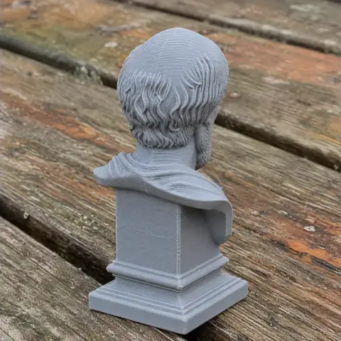3D-printed bust of a bearded historical figure on a square base, viewed from the back.