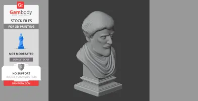 3D printed bust of a historical warrior with distinct facial features and draped clothing.