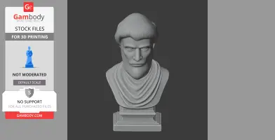 3D bust of a historical warrior with short hair and a draped garment, displayed on a pedestal.