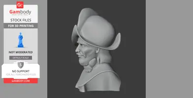 A 3D-printed bust of a historical warrior in a wide-brimmed hat, showing a side profile with detailed facial features.